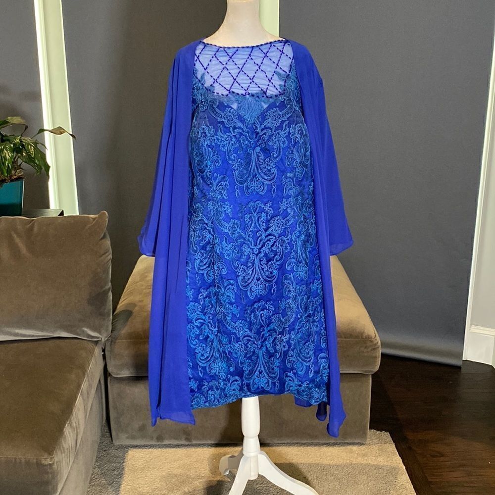 Women’s Blue Tea Length Corset Back Dress Matching Chiffon Jacket Size 22 **READ